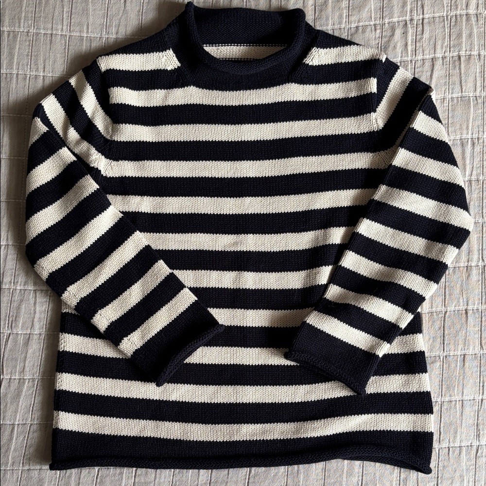Girls Striped Navy & White Knit Sweater; rollneck, cotton